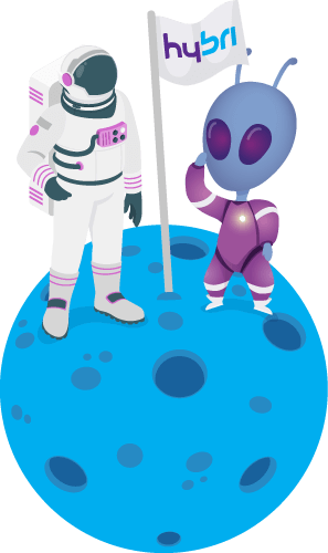 Um astronauta um e alien encima de planeta azul segurando uma bandeira 